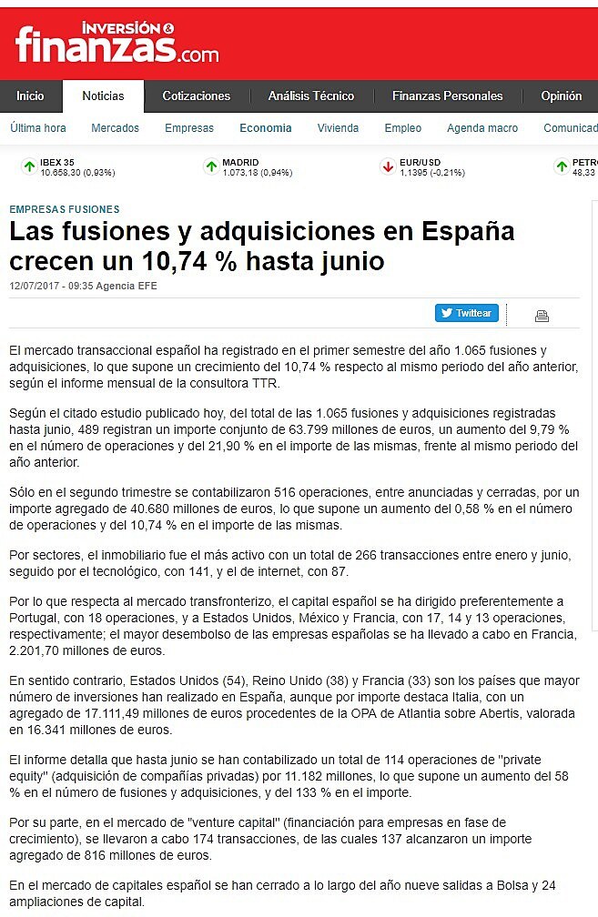 Las fusiones y adquisiciones en Espaa crecen un 10,74 % hasta junio